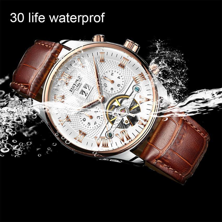 Mens Automatic Mechanical Watch Date Day Rose Gold Black Dial Brown Leather Best
