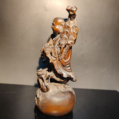 Boxwood carving wooden laughing buddha Amitabha monk statue home decor figurines