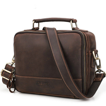 Crazy Horse Leather Men's Sling Shoulder/Messenger Bag Double Zipper 10" Handbag
