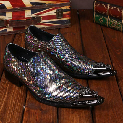 Men Leather Casual Nightclub Shiny Metal Pointy Toe Wedding Dress Business Shoes