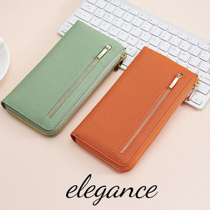 Togo Leather Women's Long Wallet, RFID Blocking Card Holder Zipper Clurch bag