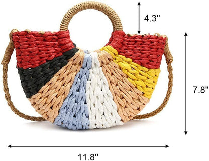 Hand Woven Rattan Women Retro Bag Colorful Boho Shoulder Crossbody Handle Gift