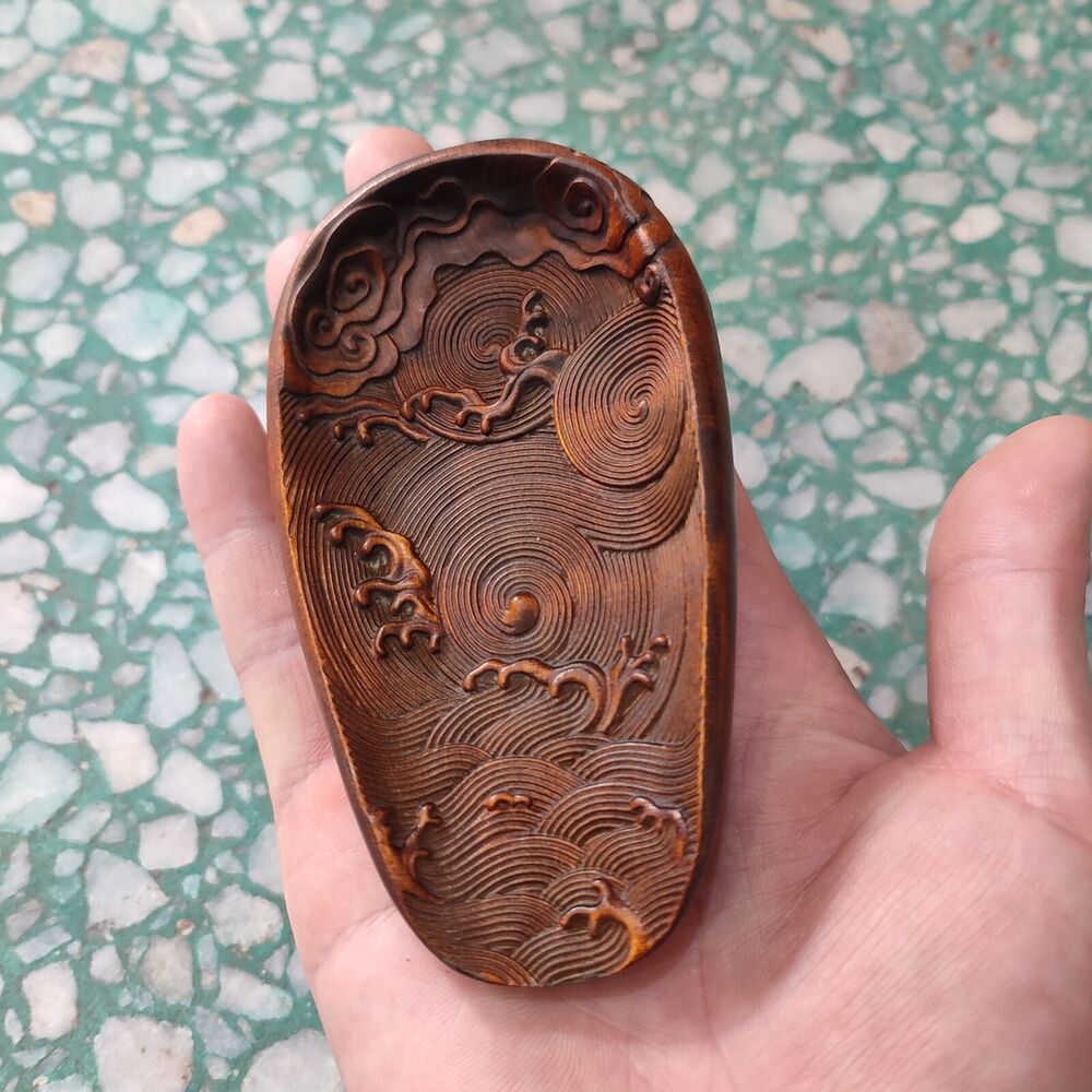 Boxwood Carving Tea Shovel Figuras Decorativas Dragon Statue Sea Wave Wooden Art