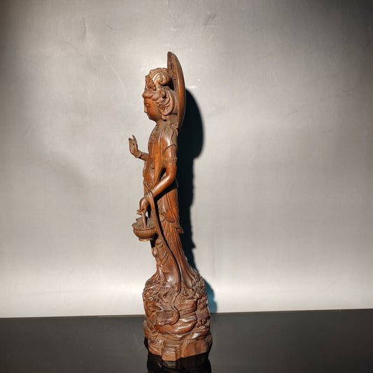 8" Shopping basket guanyin fish kwan yin statue wood sculpture home decor wooden