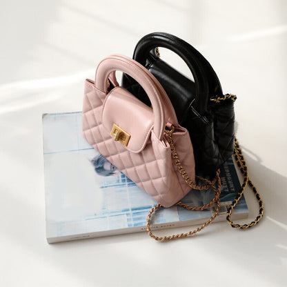 Small Quilted Real Leather Tote Flap Purse Clutch Shoulder Bag w/ Chain Fashion