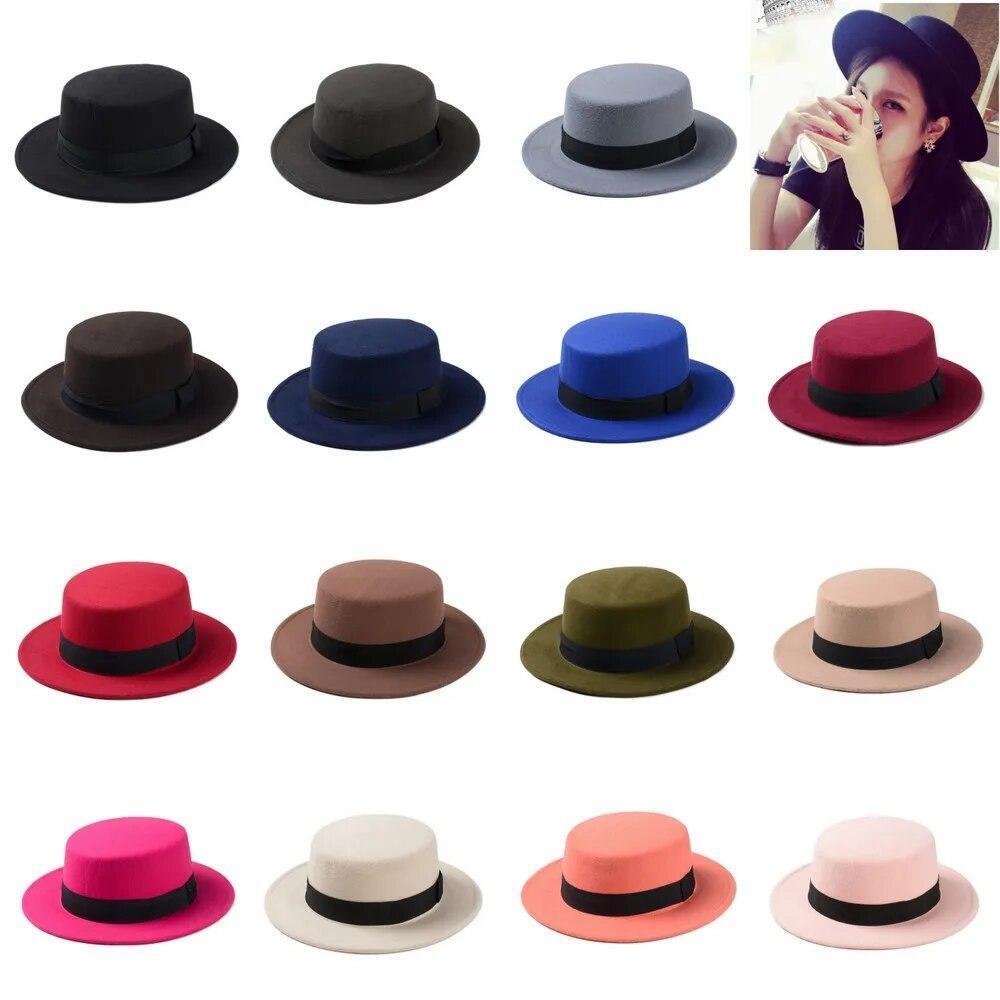 Flat Top Hat Wool Pork Pie Boater Fashion for Men Women Wide Brim Gambler Hat