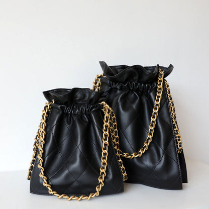 Quilted Real Leather Drawstring Bucket Shoulder Bag Purse Crossbody Handbag Tote