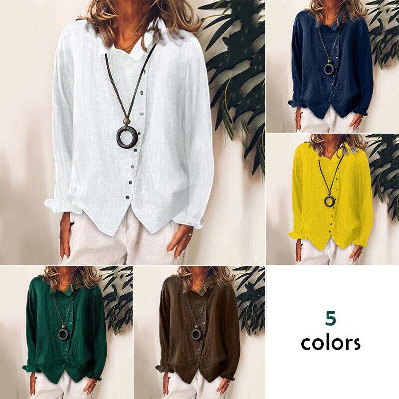 Women Cotton Linen Plain Blouse Tops Baggy Long Sleeve Casual Loose T-Shirt