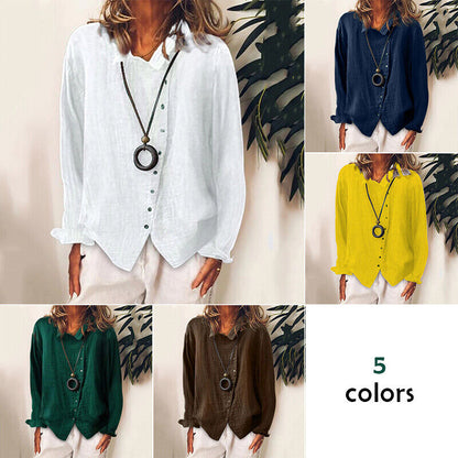 Women Cotton Linen Plain Blouse Tops Baggy Long Sleeve Casual Loose T-Shirt