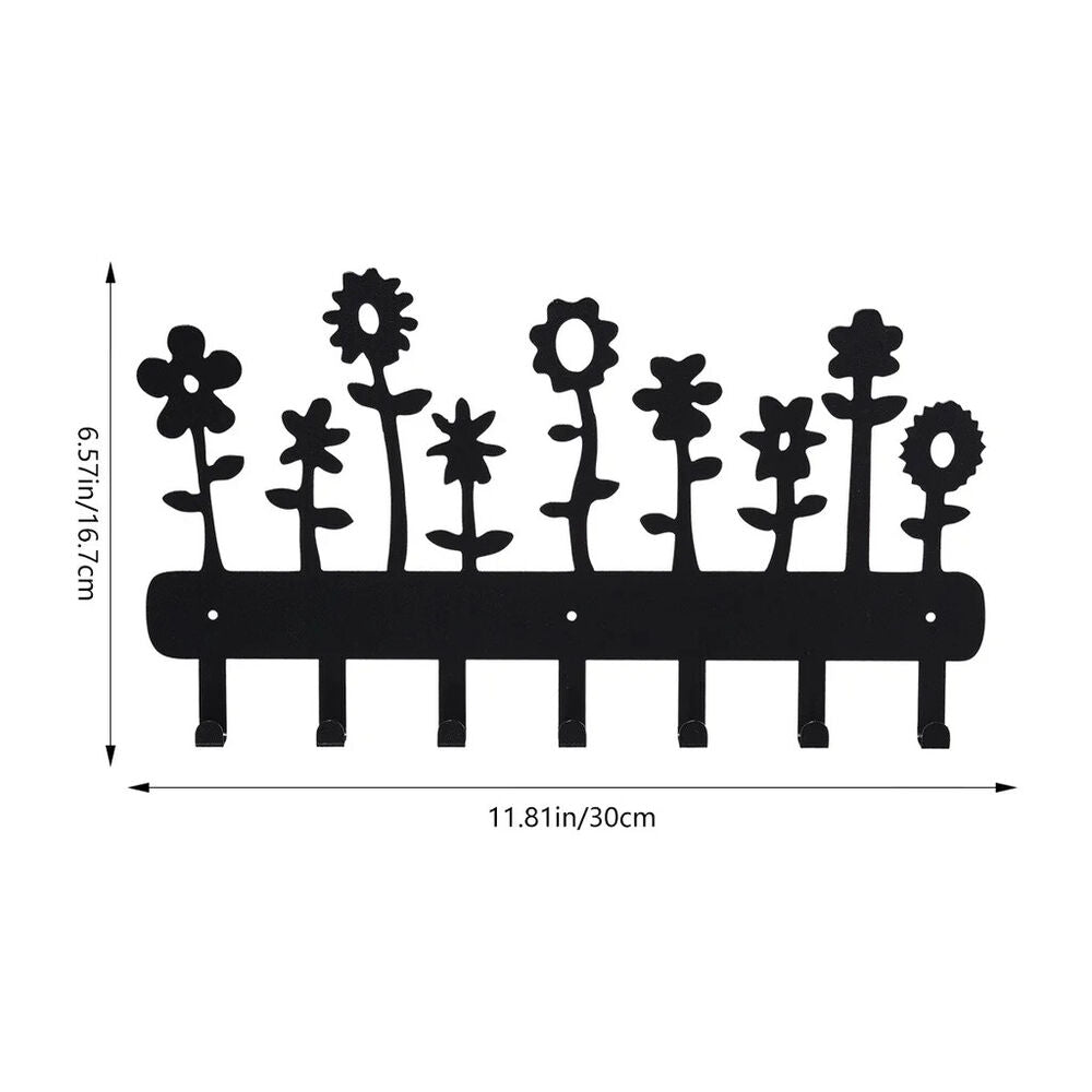 1pc Flower Metal Key Holder 7 Hooks Tulip Daisy Black Iron Wall Mounted Hooks