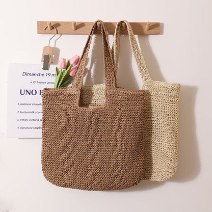 Versatile Large Straw Bag Hand-Crocheted Woven Portable One-Shoulder Beach Bag