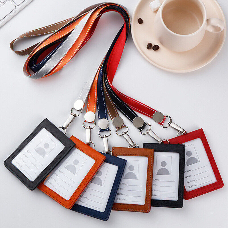 PU Leather Business Work Card ID Badge Lanyard Holder Neck Strap Cover Bags Ca