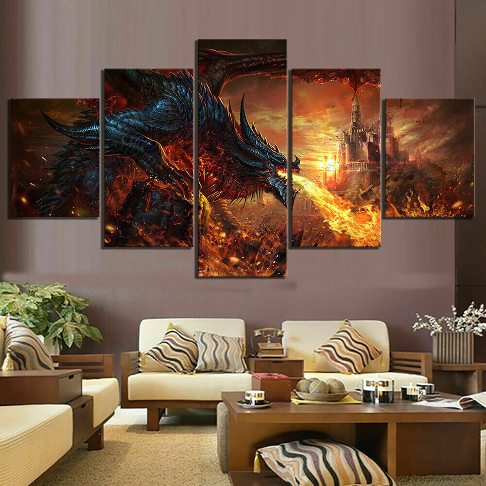 Dragon Breathing Fire Castle 5 Piece canvas Wall Art Print Poster Home Decor