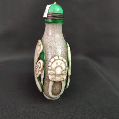 Old Peking Glass Snuff Bottle box overlay snuffbox mask carvings folk art rare