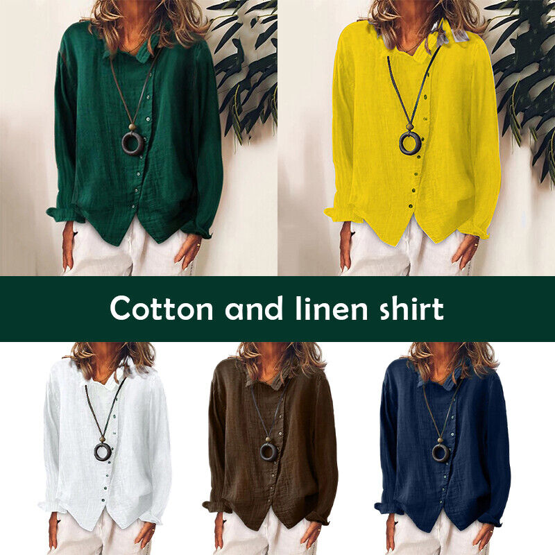 Women Cotton Linen Plain Blouse Tops Baggy Long Sleeve Casual Loose T-Shirt
