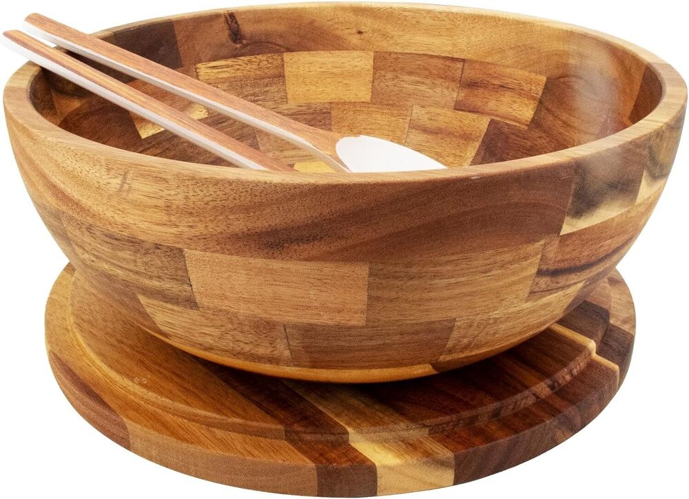 Wooden Salad Bowl with Lid and Utensils Large Serving Bowl Set for Vegetables