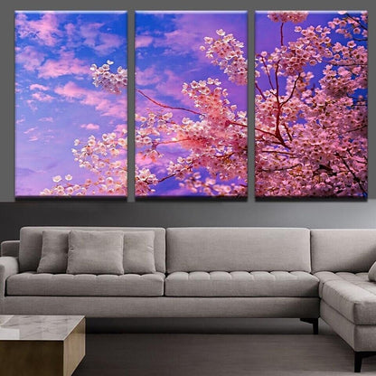 Pink Sakura Tree Sky Scenery 3 Pieces Canvas Print Wall Art Poster Home Decor