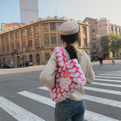 Women Plush Handbag Pink Hello Kitty Shoulder Bag Students Tote Bag Shopping