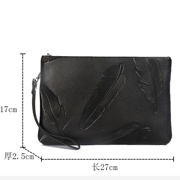 100% Genuine Leather Men Black Wallet Clutch Leaves Embossed Zipper Envelope Bag