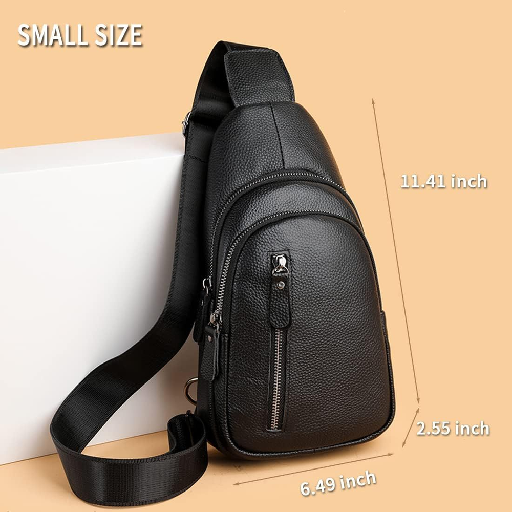 Mens Sling Bag Small Genuine Leather Chest Shoulder B-black-genuine