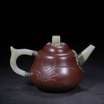 Chinese Yixing Zisha Clay Handmade Exquisite Teapot fortune turns（葫芦（镶玉） 底款：杨彭）