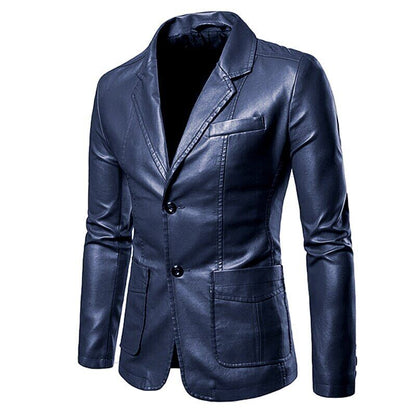 2022 Men's Lapel Leather Dress Suit Coat / Male Business Pu Jacket