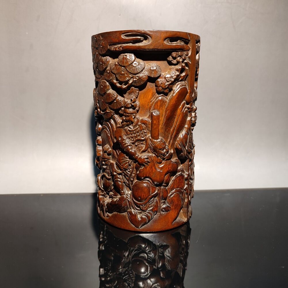chinese carved brush pot pots pen case statue antique wood carving Warrior story