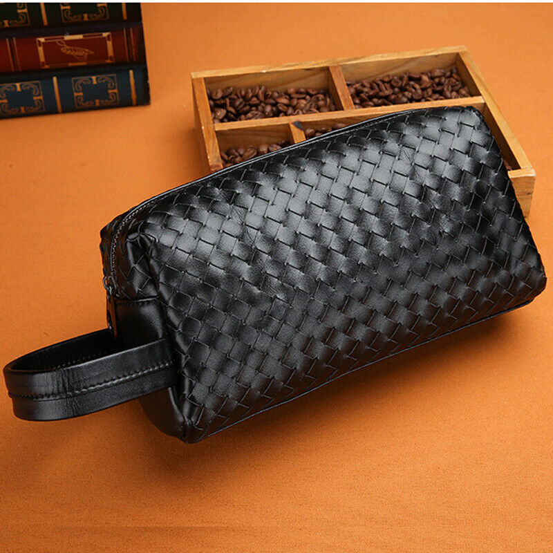 Men's Black Weaving Bag Microfiber Leather Large Capacity Handbag 5" Clutch Bag