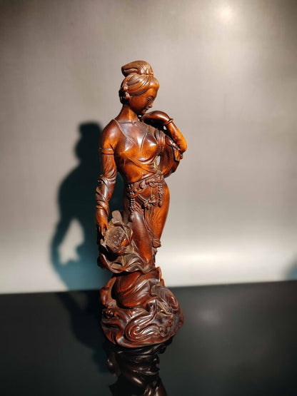 7" beautiful fairy pretty woman figurine sexy wood decor statue carving Buddhism