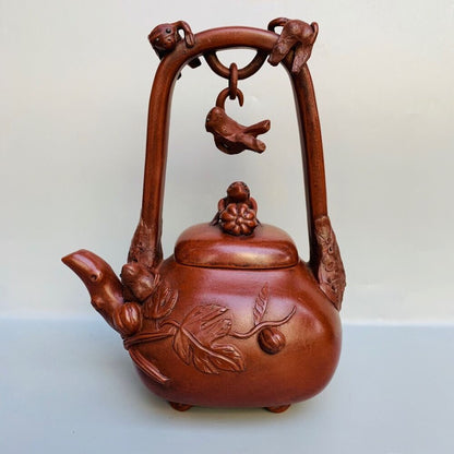 Chinese Yixing Zisha Clay Handmade Exquisite Teapot （提梁吊猴紫砂壶 底款：陈鸣远 ）