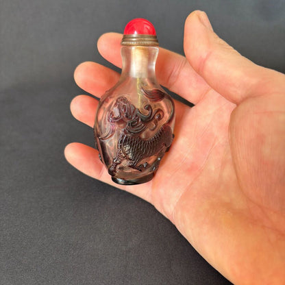 Vintage Chinese Carved Peking Glass Snuff Bottle Clean Dragon Figurines Loong