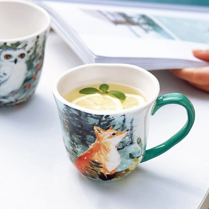 Handpainted Ceramic Tea Mug, Deer Cup, Owl Mug, Fox Mug