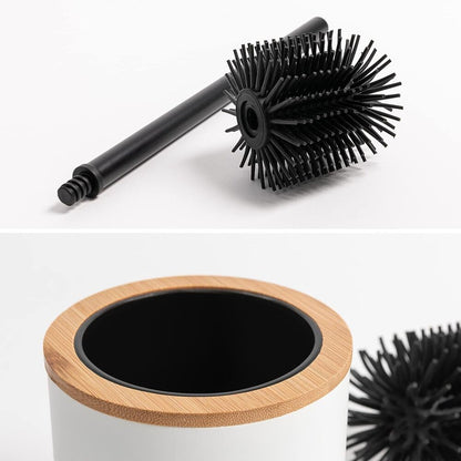 Stainless Steel Toilet Brush Silicone Head & Toilet Brush Holder in Wooden Optic