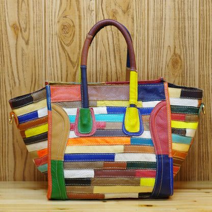 Women's Bag Luxury Genuine Leather Tote Colorful Blocks Patchwork Crossbody Bag