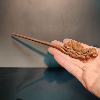 Chinese Boxwood Wooden Carved Peony flower Hairpin Hair Accessories gift woman