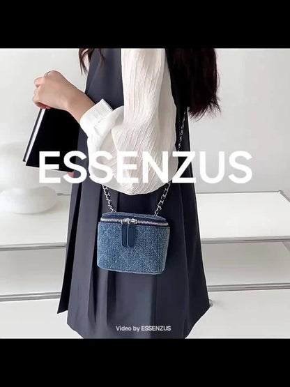 Mini Quilted Denim Shoulder Bag Vanity Case Purse Box Clutch Crossbody w/ Chain