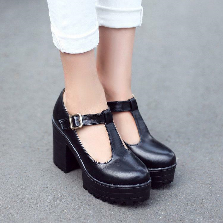 Women's Chic Chunky Heels High Platform Mary Jane Ankle T-Strap Punk Shoes Solid