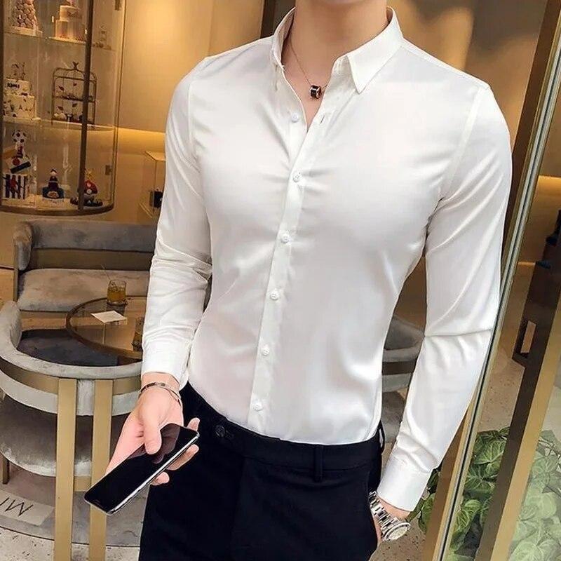 Camisa Ajustada De Seda De Hombres Ropa De Vestir Larga A Cuadros Elegante