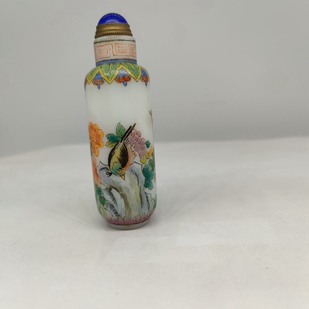 Old Bejing Peking Glass Snuff Bottle Hand Painted Flower Bird Colored Glaze rare