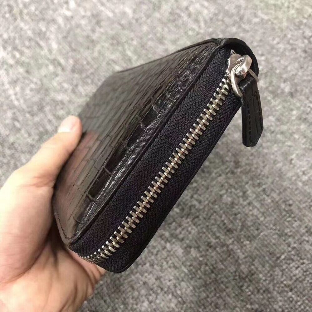 Black Genuine Crocodile Alligator Leather Zipper Long Wallet Hand Clutch Bag