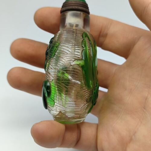 Collection Antique Chinese Green Glazed Nice Snuff Bottle Carved Goldfish Statue