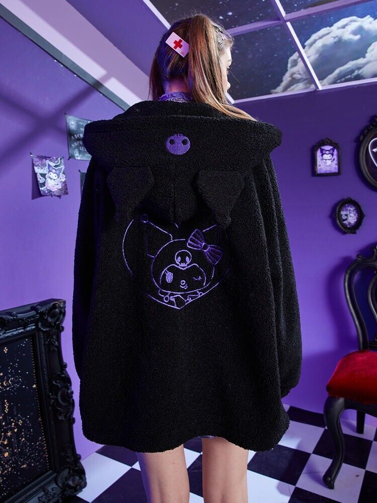 Girl KUROMI Devil Black Fleece Hooded Sweatshirt Zipper Jacket Causual Coat Tops