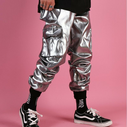 Men's Glossy Harem Pants Nightclub Trousers Hip Hop Dance Shiny Multi-pocket New
