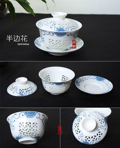 Gaiwan Tea set porcelain gaiwan floral print tureen hollow-out design cup bowl