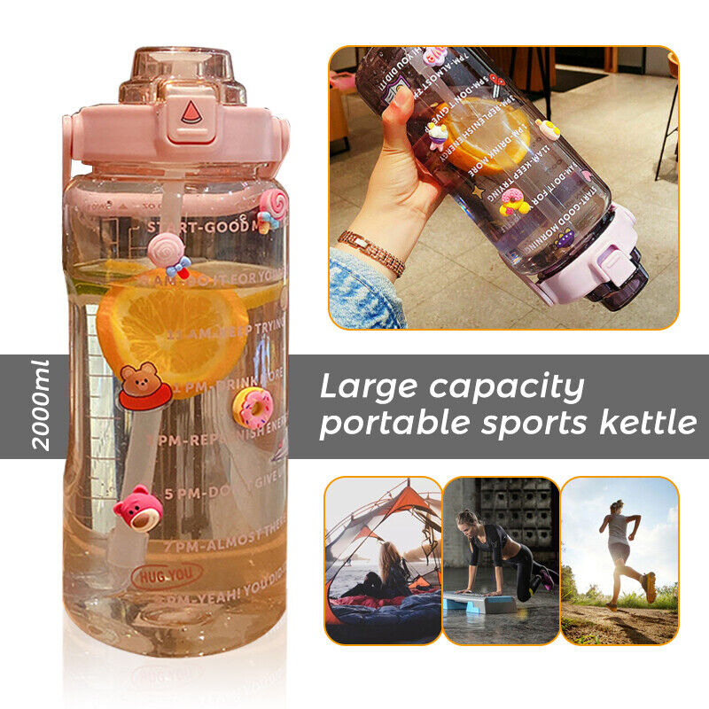 2L Sports Stickers Water Bottle Large Capacity Straw Gradient Fitness Water Cup