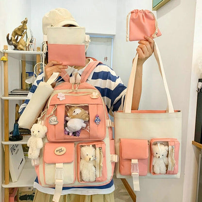 5pcs Sets Kids Backpack Women's Bagpack Bookbag Girls Rucksack Students Bag