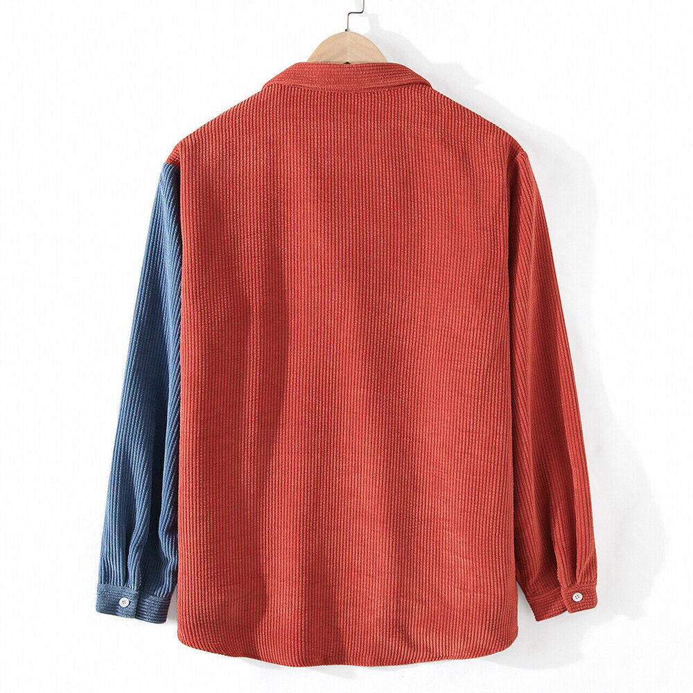New Mens Spliced Corduroy Shirt Long Sleeve Jacket Button Up Casual Regular Fit