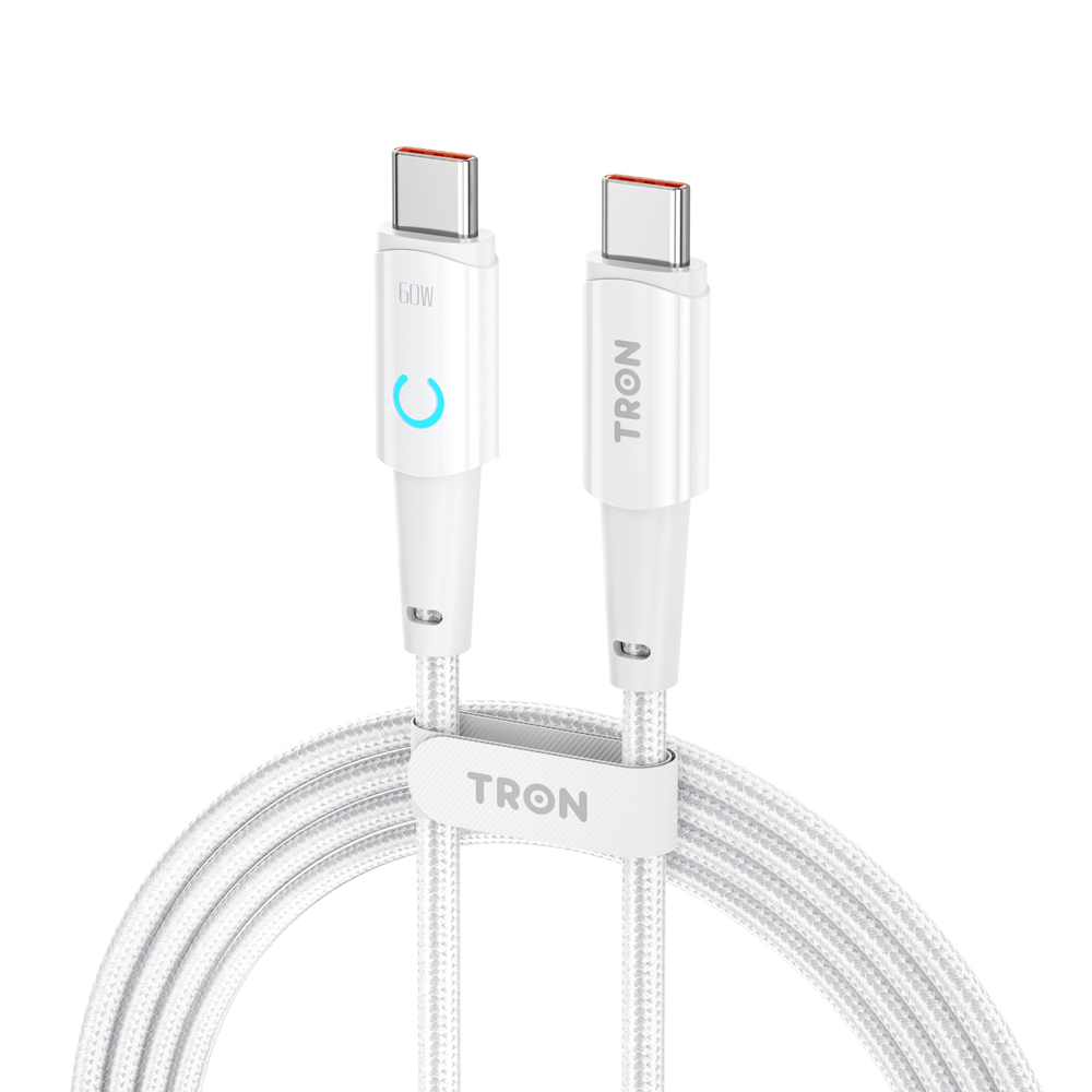 TRON USB C to C Braided Charger Cable - Black & White, 6FT, with LED Light