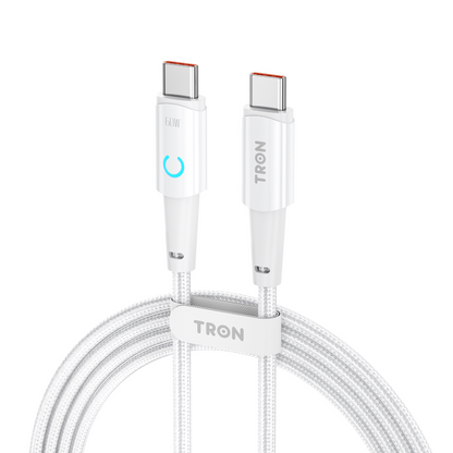 TRON USB C to C Braided Charger Cable - Black & White, 6FT, with LED Light