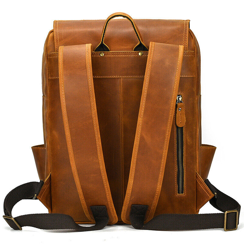 Mens Real Leather 15.6" Laptop Bag Backpack Large Hiking Travel Camping Carry On